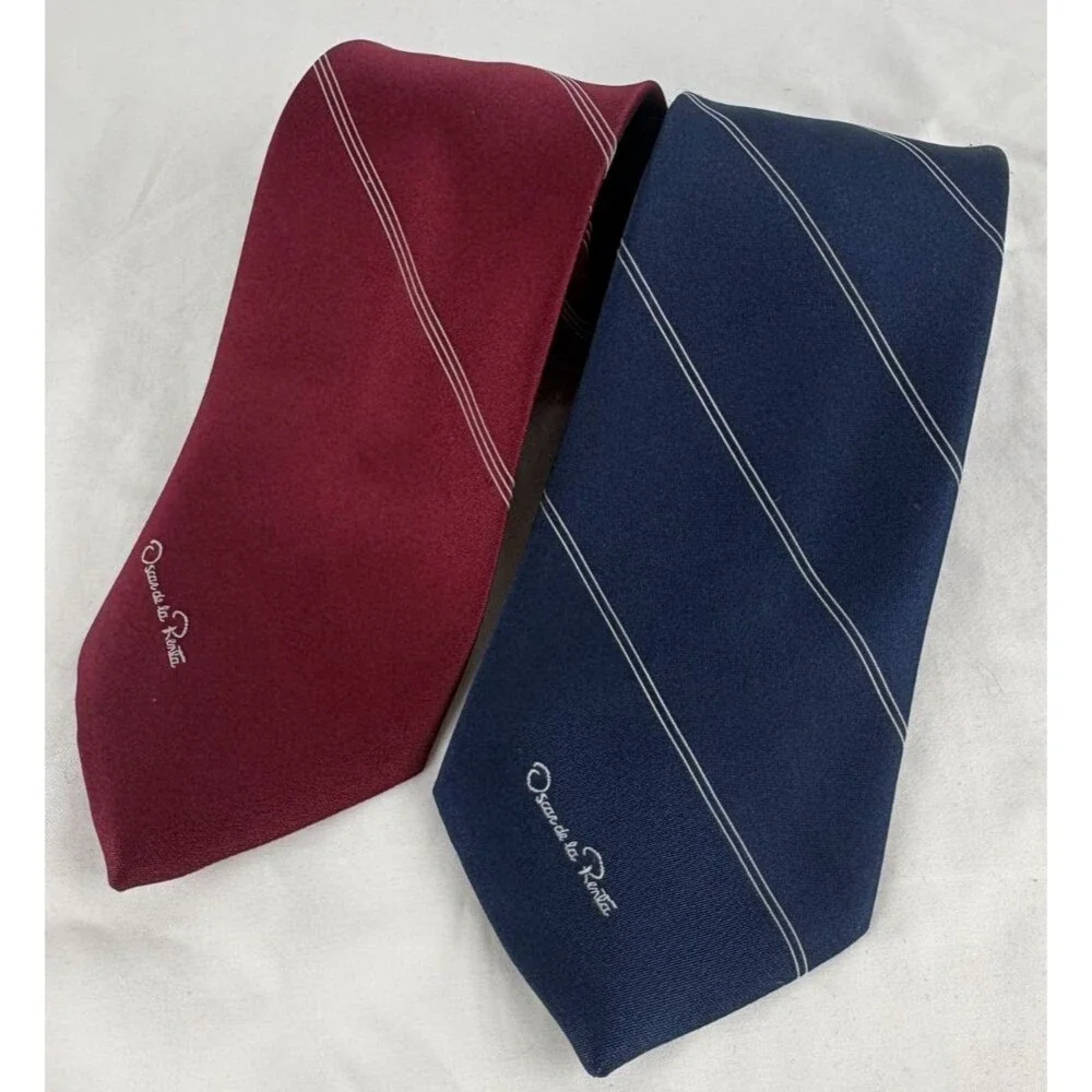 Lot of 2 Vintage Oscar de la Renta Pinstripe Silk Neck Ties Set Burgundy Navy